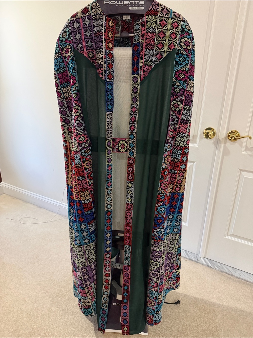 Embroidered Multicolor Kimono Duster with Forest Green Panels